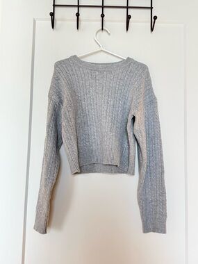 Ambiance Light Gray Cable-Knit Crewneck Sweater